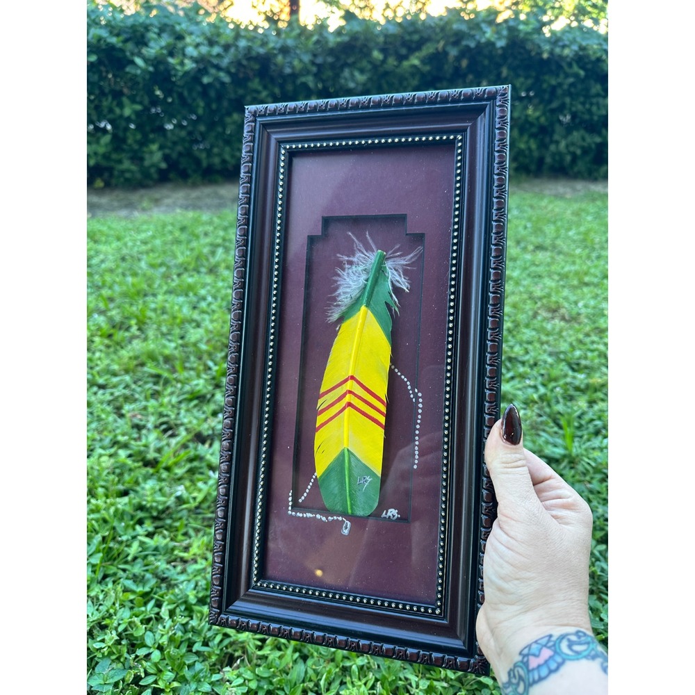LRS Hand Painted Feather Wall Art Framed Macaw Style Green Yellow Home Decor